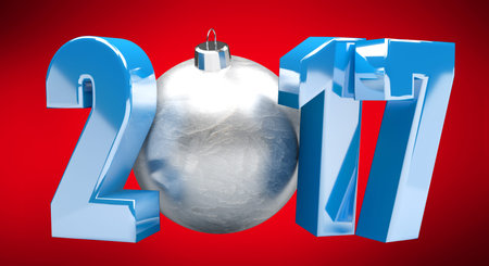 3D rendering blue 2017 new year eve illustration with silver christmas ball