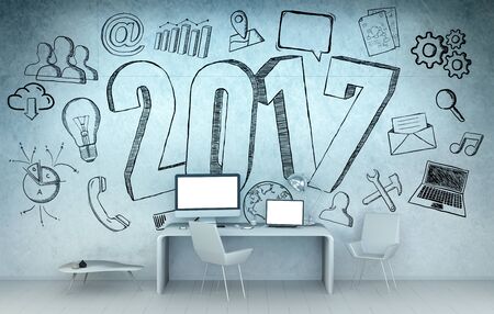 Manuscript 2017 drawing with business icons in modern office 3D renderingの写真素材