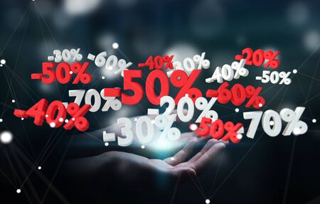 Woman on blurred background holding sales icons in her hand 3D renderingの写真素材