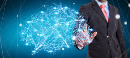Businessman on blurred background touching sales icons with his finger 3D rendering