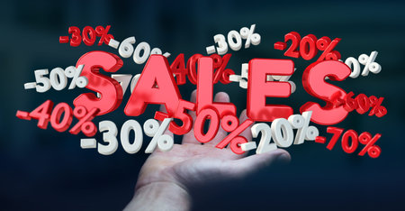 Businessman on blurred background holding sales icons in his hand 3D rendering