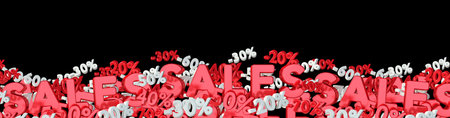 Sales icons and percent banner floating in the air on black background 3D rendering