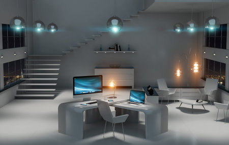 Modern dark office interior with desk computer and digital devices 3D renderingの写真素材