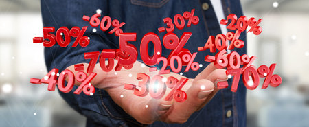 Businessman on blurred background holding sales icons in his hand 3D rendering