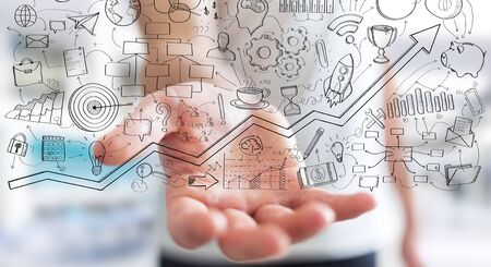 Businessman on blurred background holding manuscript project presentation with his handの写真素材