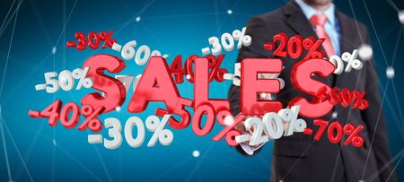 Businessman on blurred background touching sales icons with his finger 3D renderingの写真素材