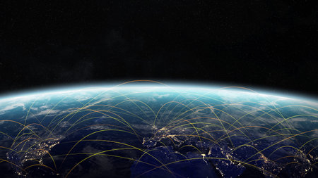Map of plane journey between countries of the world in space 3D rendering