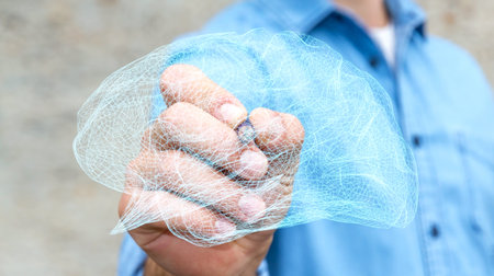 Businessman drawing digital human brain with cell and neurons activity 3D rendering
