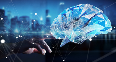 Businessman touching digital human brain with cell and neurons activity 3D renderingの写真素材