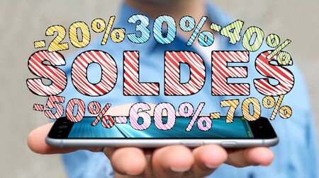 Businessman on blurred background holding sales icons over his phone 3D renderingの写真素材