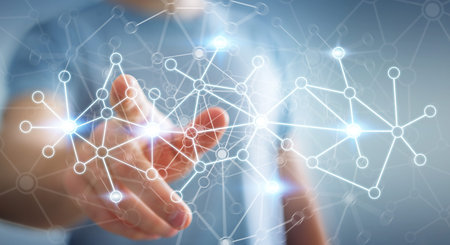 Businessman in office touching digital data network with his finger 3D rendering