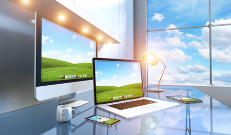 Modern blue glass desk office interior with computer and digital devices 3D rendering