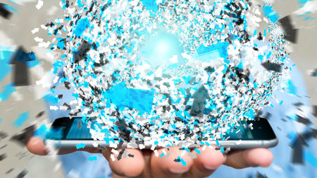 Businessman on blurred background using 3D rendering data network sphere with his mobile phone