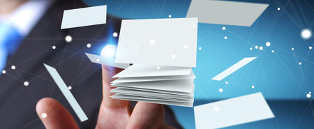 Businessman touching white floating business card with his finger 3D rendering