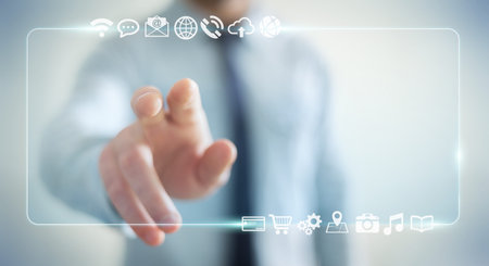 Businessman using tactile interface web address bar to surf on internet 3D rendering