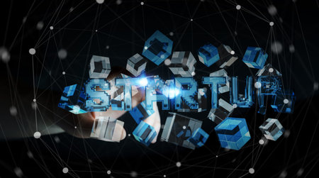Woman on blurred background touching floating 3D render startup presentation with cube