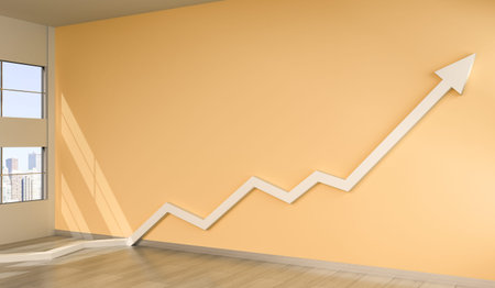 White arrow going up on orange wall and bright interior 3D rendering