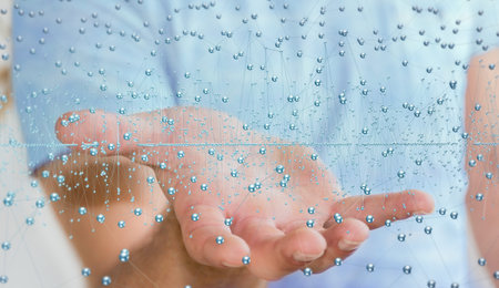Businessman holding abstract connection interface with lines and dots 3D rendering