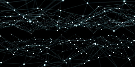 Floating white and blue dot network on black background 3D rendering