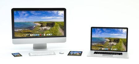 Modern computer laptop mobile phone and tablet on white background 3D renderingの写真素材