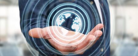 Businessman on blurred background using web interface to surf on internet 3D renderingの写真素材