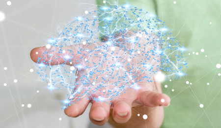 Businessman holding digital human brain with cell and neurons activity 3D renderingの写真素材