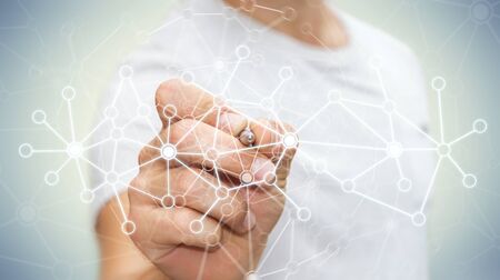 Businessman in office drawing digital data network with a pen 3D renderingの写真素材