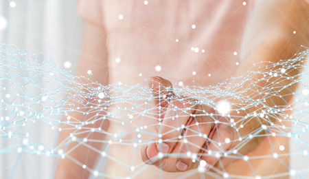 Businessman on blurred background touching flying network dot 3D renderingの写真素材