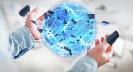 Businessman creating an exploding blue power ball with his hand 3D renderingの写真素材
