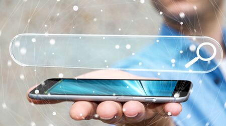 Man using tactile interface web address bar to surf on internet 3D renderingの写真素材