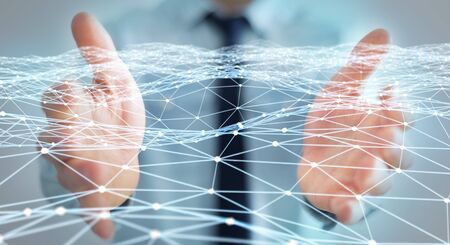 Dot flying network held by businessman on blurred background 3D renderingの写真素材