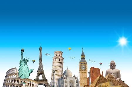 Famous landmarks of the world connected to each other in front of blue backgroundの写真素材