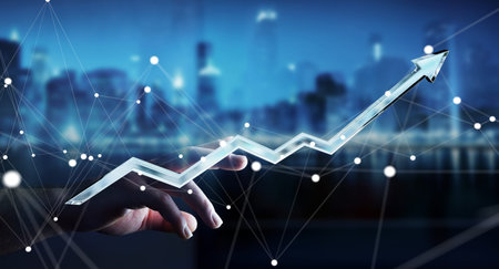 Businessman touching digital blue arrow with his finger 3D rendering
