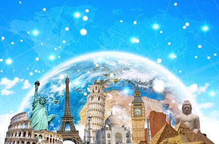 Famous landmarks of the world connected to each other in front of blue backgroundの写真素材