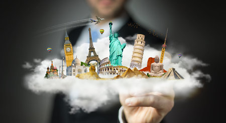 Businessman on blurred background touching a cloud full of famous monuments with his finger 3D renderingの写真素材