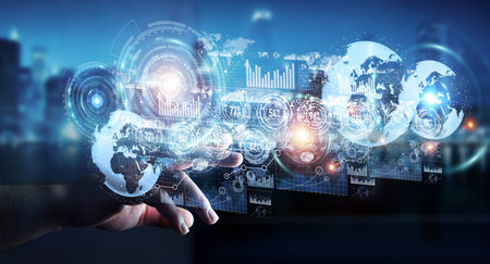 Hologram screen with digital datas used by businessman on blurred background 3D rendering