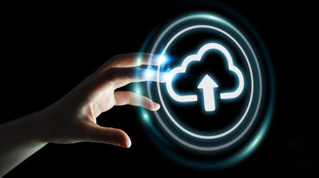 Businesswoman on blurred background using digital cloud 3D rendering