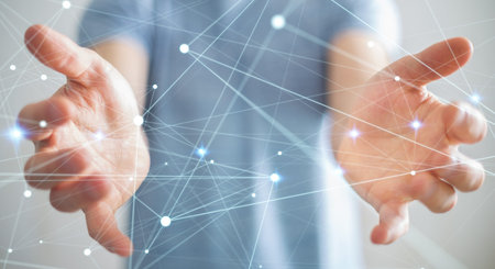 Dot flying network held by businessman on blurred background 3D rendering