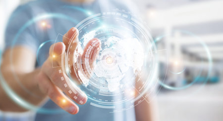 Businessman on blurred background using hologram screen with digital datas 3D rendering