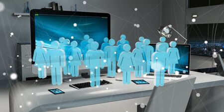 White and blue group of people flying over modern desktop interior 3D renderingの写真素材