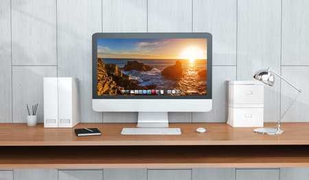 Modern wooden workplace interior with computer and devices on desk 3D rendering