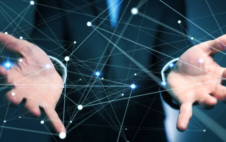Dot flying network held by businessman on blurred background 3D renderingの写真素材