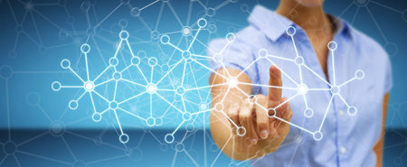 Businesswoman in office touching digital data network with her finger 3D renderingの写真素材