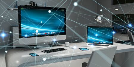 Floating white and blue glowing dot network on desktop interior 3D renderingの写真素材