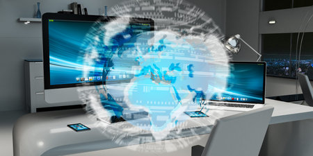 Office with modern devices and digital planet Earth floating over desk 3D rendering