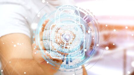 Businessman on blurred background using digital padlock to secure his datas 3D renderingの写真素材