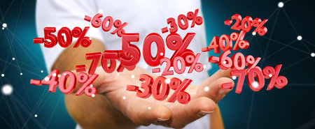 Businessman on blurred background holding sales icons in his hand 3D rendering