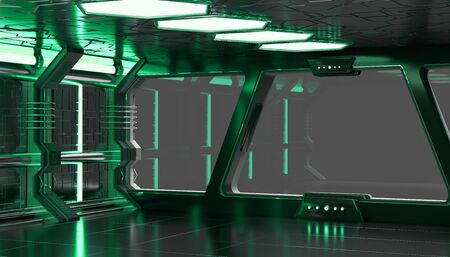 Spaceship green interior with empty window view 3D rendering elements of this image furnished by NASAの写真素材
