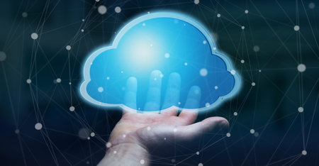 Businessman on blurred background using digital cloud 3D rendering