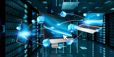 Devices connected to each other in server room data center 3D rendering
